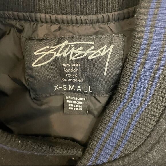 Stussi Black Wool long varsity jacket coat sz XS - Picture 8 of 11